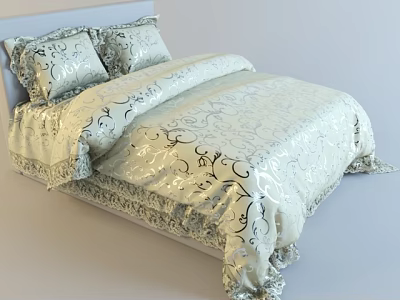 Elegant Double Bed With Ornate Pattern Bedding Lace Trim And Matching Soft Pillows 3d model