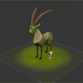 3D Rendered Antelope With Long Curved Horns Standing On Green Grass Near Small White Flower