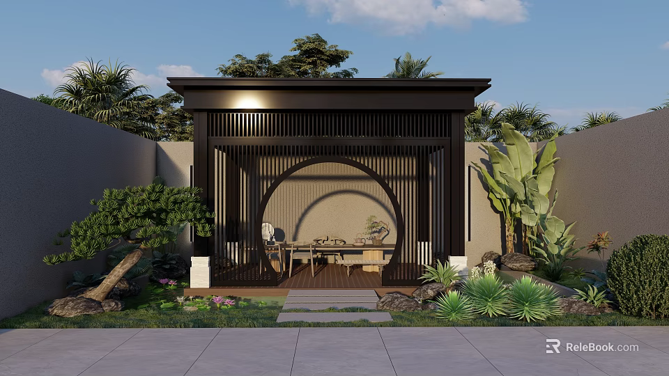 Chinese Style Pergola In Garden Courtyard With Round Doorway Wooden Tables Chairs And Green Plants 3d model 