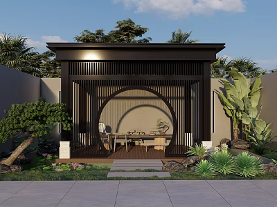 Chinese Style Pergola In Garden Courtyard With Round Doorway Wooden Tables Chairs And Green Plants 3d model
