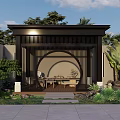 Chinese Style Pergola In Garden Courtyard With Round Doorway Wooden Tables Chairs And Green Plants