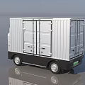 White Utility Vehicle Featuring Modern Box Body Front Logo Black Wheels On Smooth Reflective Surface
