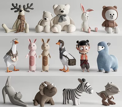 Various Cute Stuffed Animals and Character Plush Toys Collection with Different Designs 3d model