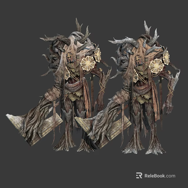 Two Tree Spirit Creatures Designed with Branch Bark Body and Flower Decorations 3d model 