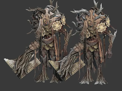 Two Tree Spirit Creatures Designed with Branch Bark Body and Flower Decorations 3d model
