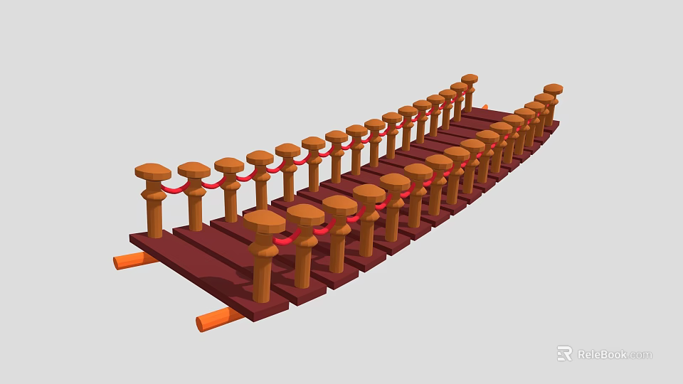 Wooden Plank Bridge Structure With Red Rope Barriers And Decorative Posts 3d model 
