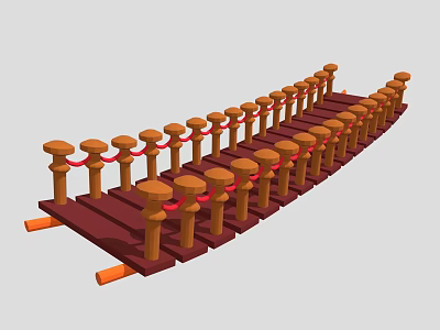 Wooden Plank Bridge Structure With Red Rope Barriers And Decorative Posts 3d model