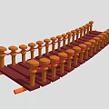 Wooden Plank Bridge Structure With Red Rope Barriers And Decorative Posts