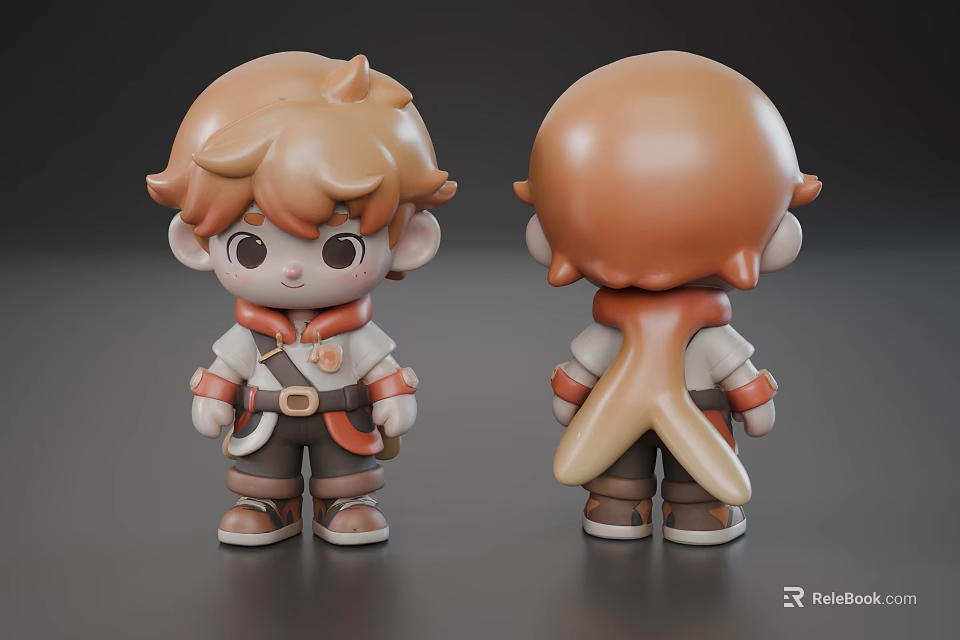 Cute Game Movie Character 3D Model With Brown Hair Belt Backpack Front Back View 3d model 