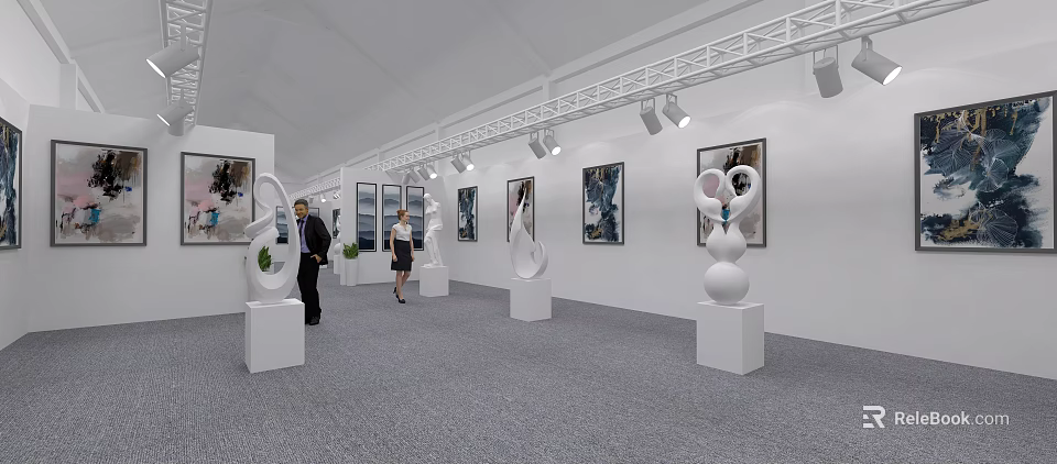 Art Exhibition Hall With White Walls Sculptures Paintings And Visitors 3d model 