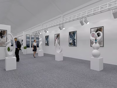 Art Exhibition Hall With White Walls Sculptures Paintings And Visitors 3d model