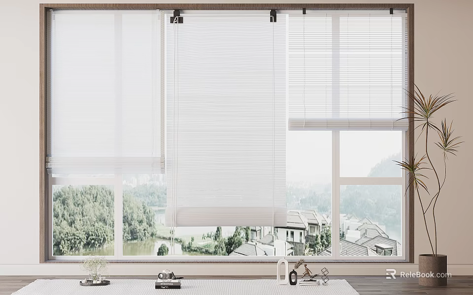 White Window Blinds Enhancing Bright Room With Scenic View And Indoor Plant 3d model 