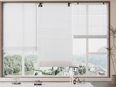 White Window Blinds Enhancing Bright Room With Scenic View And Indoor Plant 3d model