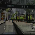 Modern Open Station with Glass Roof Escalators Palm Trees and Pedestrians Near Tall Buildings