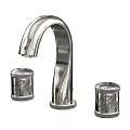 Modern Chrome Bathroom Faucet Featuring Elegant Curved Spout And Decorative Handles Design