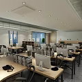 Modern Public Office Space With Wooden Desks Black Chairs Laptops And Green Plants