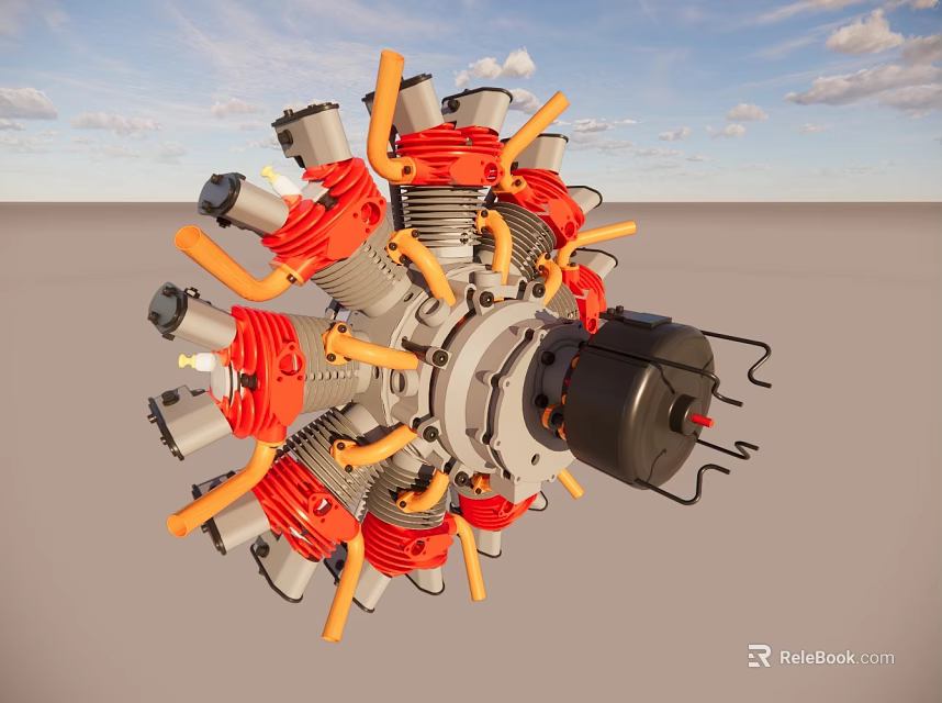 Radial Aircraft Engine With Multiple Red Gray Cylinders And Mechanical Parts 3d model 