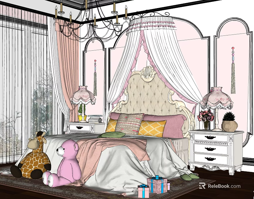 Cute Kids Room Interior Design With Pink Canopy Bed Stuffed Toys Table Lamps And Curtains 3d model 