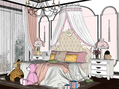 Cute Kids Room Interior Design With Pink Canopy Bed Stuffed Toys Table Lamps And Curtains 3d model