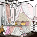 Cute Kids Room Interior Design With Pink Canopy Bed Stuffed Toys Table Lamps And Curtains