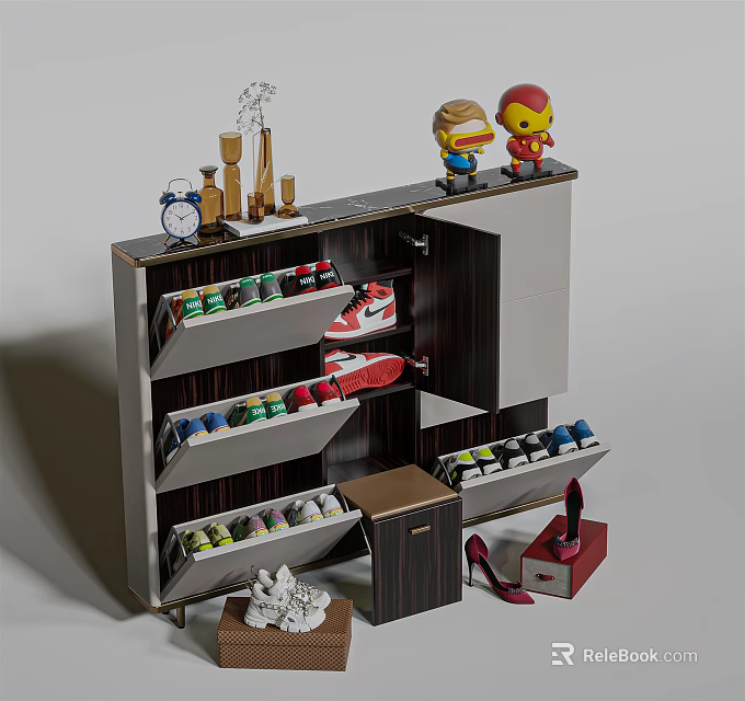 Modern Multi layer Shoe Cabinet With Sneakers Shoes Decorative Figures And Trophies 3d model 