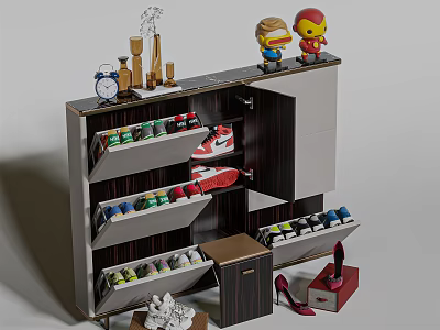 Modern Multi layer Shoe Cabinet With Sneakers Shoes Decorative Figures And Trophies 3d model