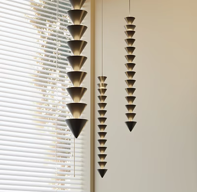 Layered Cone Shaped Modern Chandeliers Hanging In Room With Window Blinds 3d model