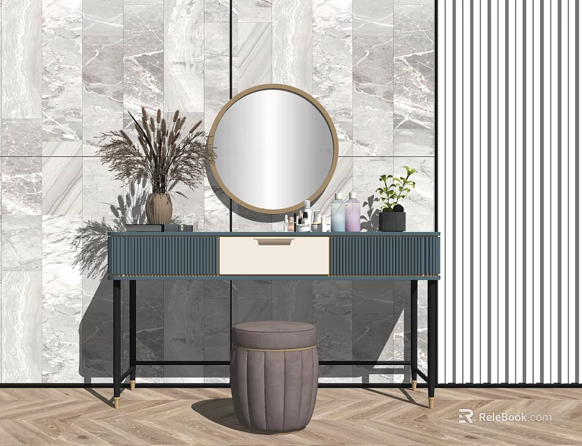 Teal Dressing Table With Gold Frame Round Mirror And Marble Wall Decor 3d model