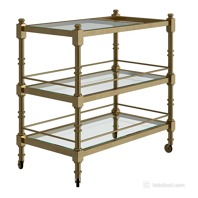 Three Tier Brass Frame Glass Shelves Rolling Storage Shelf Cart with Wheels 3d model 