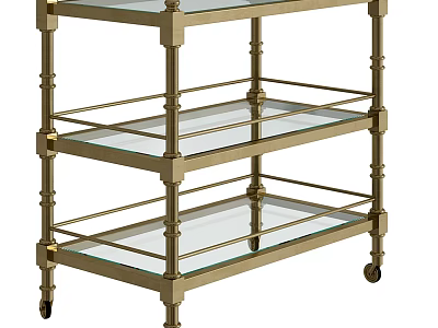 Three Tier Brass Frame Glass Shelves Rolling Storage Shelf Cart with Wheels 3d model