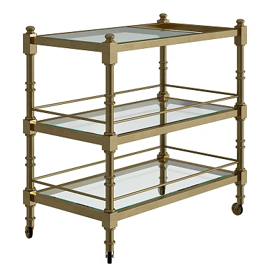 Three Tier Brass Frame Glass Shelves Rolling Storage Shelf Cart with Wheels 3d model