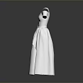 Man Displaying White Long Dress 3D Model on Gray Background with Reflective Floor