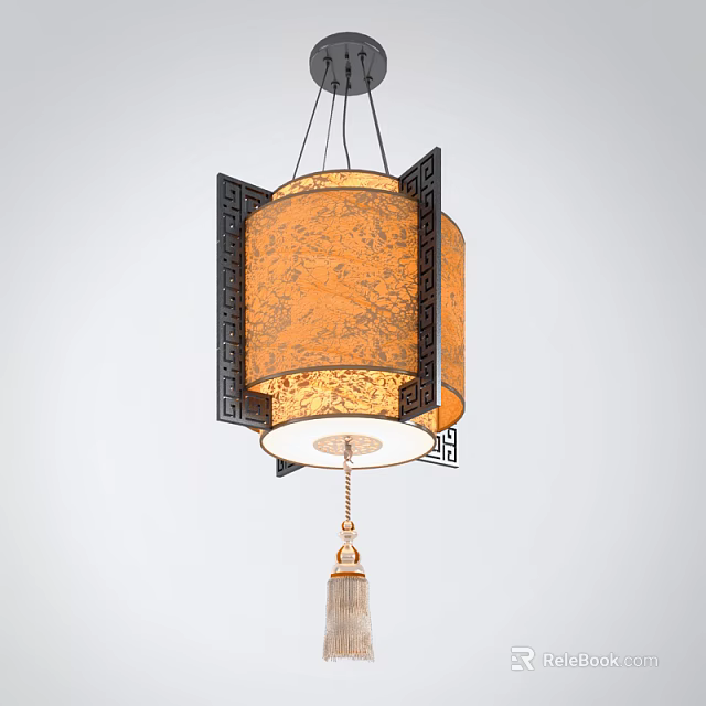 Traditional Chinese Style Chandelier With Orange Patterned Cylindrical Shade Black Decorative Frame And Tassel 3d model 