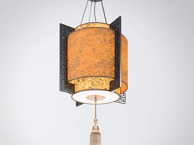 Traditional Chinese Style Chandelier With Orange Patterned Cylindrical Shade Black Decorative Frame And Tassel 3d model