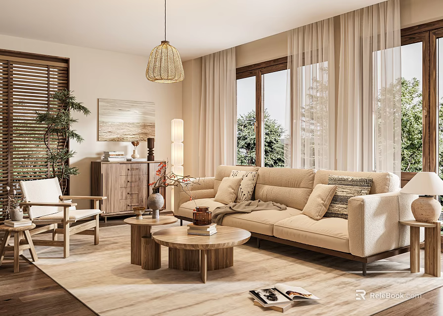 Bright Living Room Interior With Beige Sofa Wooden Coffee Table And Floor To Ceiling Windows 3d model 