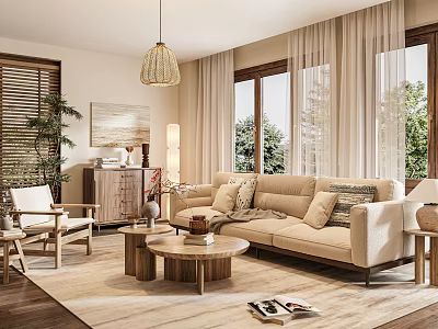 Bright Living Room Interior With Beige Sofa Wooden Coffee Table And Floor To Ceiling Windows 3d model