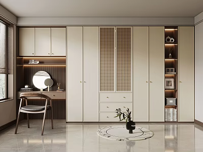 Modern Wardrobe Interior Design With Checkerboard Door Drawers Dressing Table Chair Mirror Plant And Rug 3d model