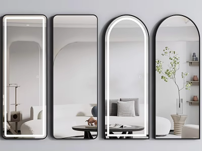 Modern Decorative Rectangular And Arched Mirrors Reflecting Living Room Sofa Plant And Coffee Table 3d model