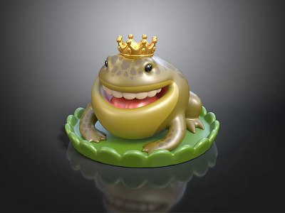 Green Frog Decorative Figurine With Golden Crown On Green Leaf Base Smiling 3d model