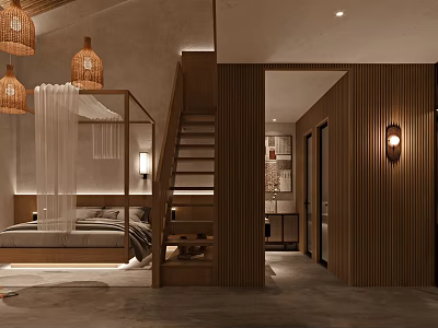 Stylish Minimalist Hotel Room Interior With Wooden Decor Hanging Lamps And Cozy Bed 3d model