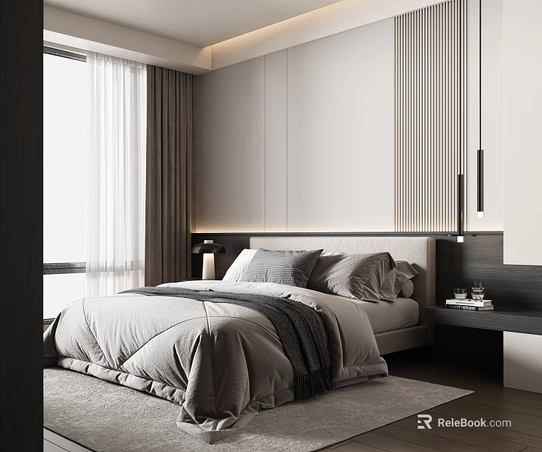 Modern Minimalist Bedroom With Gray Bed Linen White Headboard Curtains And Area Rug 3d model 