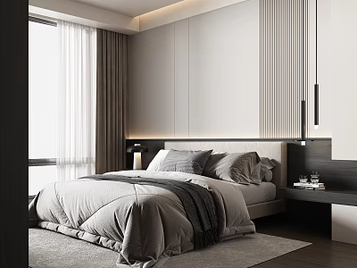 Modern Minimalist Bedroom With Gray Bed Linen White Headboard Curtains And Area Rug 3d model