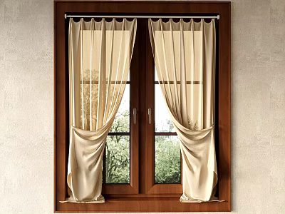 Elegant Beige Window Curtains With Wooden Frame And Green Outdoor View 3d model