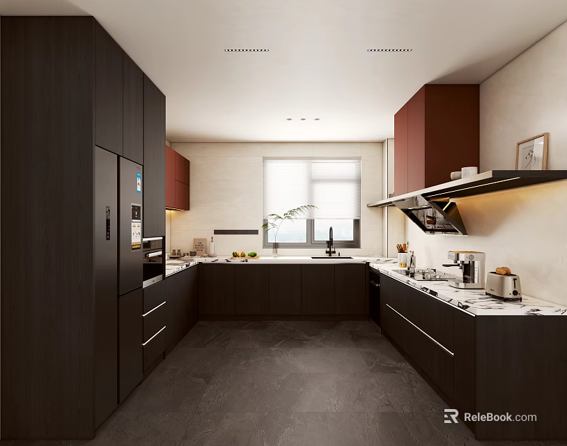Modern Kitchen Interior With Dark Cabinets Countertop Window And Appliances 3d model 