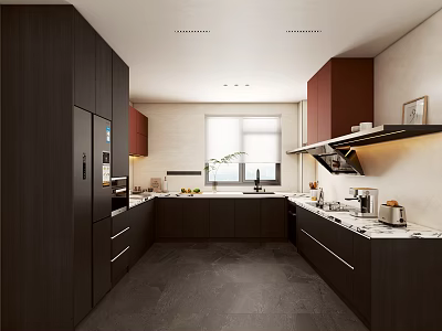 Modern Kitchen Interior With Dark Cabinets Countertop Window And Appliances 3d model