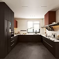 Modern Kitchen Interior With Dark Cabinets Countertop Window And Appliances