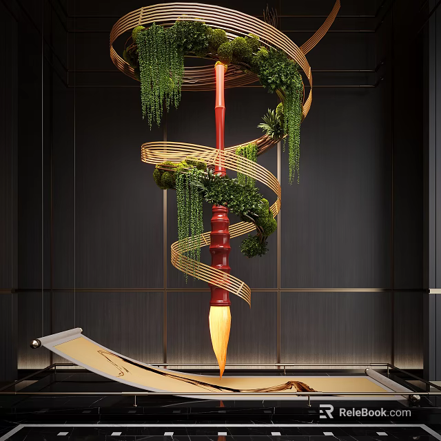Red Brush Shaped Hanging Decoration With Spiral Design Green Foliage And Golden Accents 3d model 