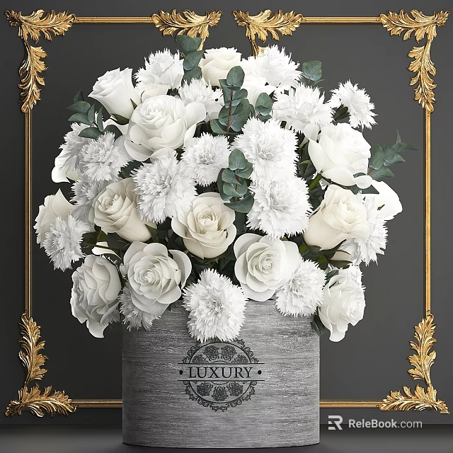 Decorative Ornament Set with White Roses Chrysanthemums Green Eucalyptus in Gray Pot and Golden Frame 3d model 