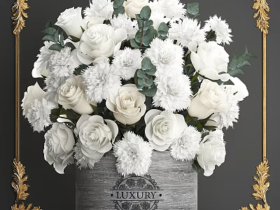 Decorative Ornament Set with White Roses Chrysanthemums Green Eucalyptus in Gray Pot and Golden Frame 3d model