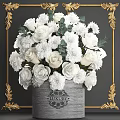 Decorative Ornament Set with White Roses Chrysanthemums Green Eucalyptus in Gray Pot and Golden Frame
